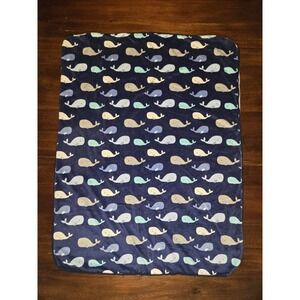 Just Born Navy Blue Light Grey White Whale Velour Sherpa Baby Velboa Blanket EUC